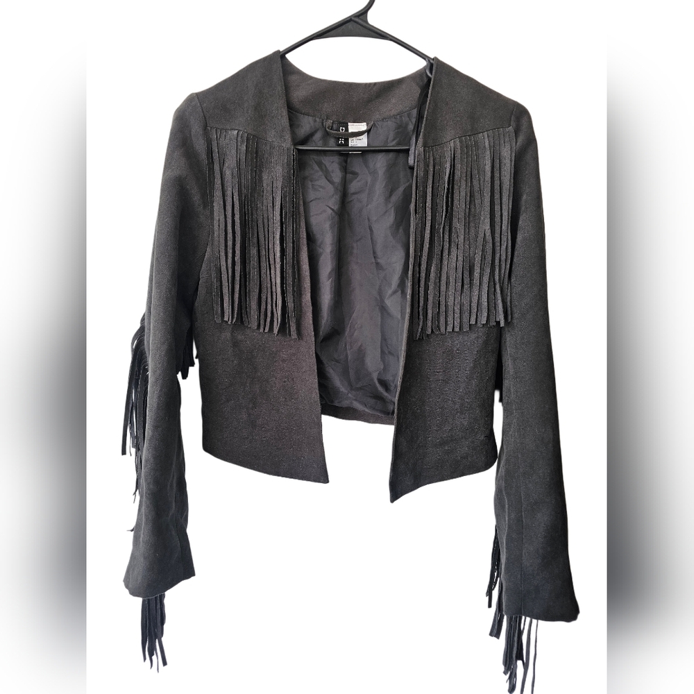 Divided H&M Fringed Dark Grey Suede Jacket Sz 4 NWOT